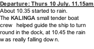 Departure: Thurs 10 July. 11.15am About 10.35 started to rain.  The KALINGA small tender boat crew  helped guide the ship to turn round in the dock, at 10.45 the rain was really falling down.